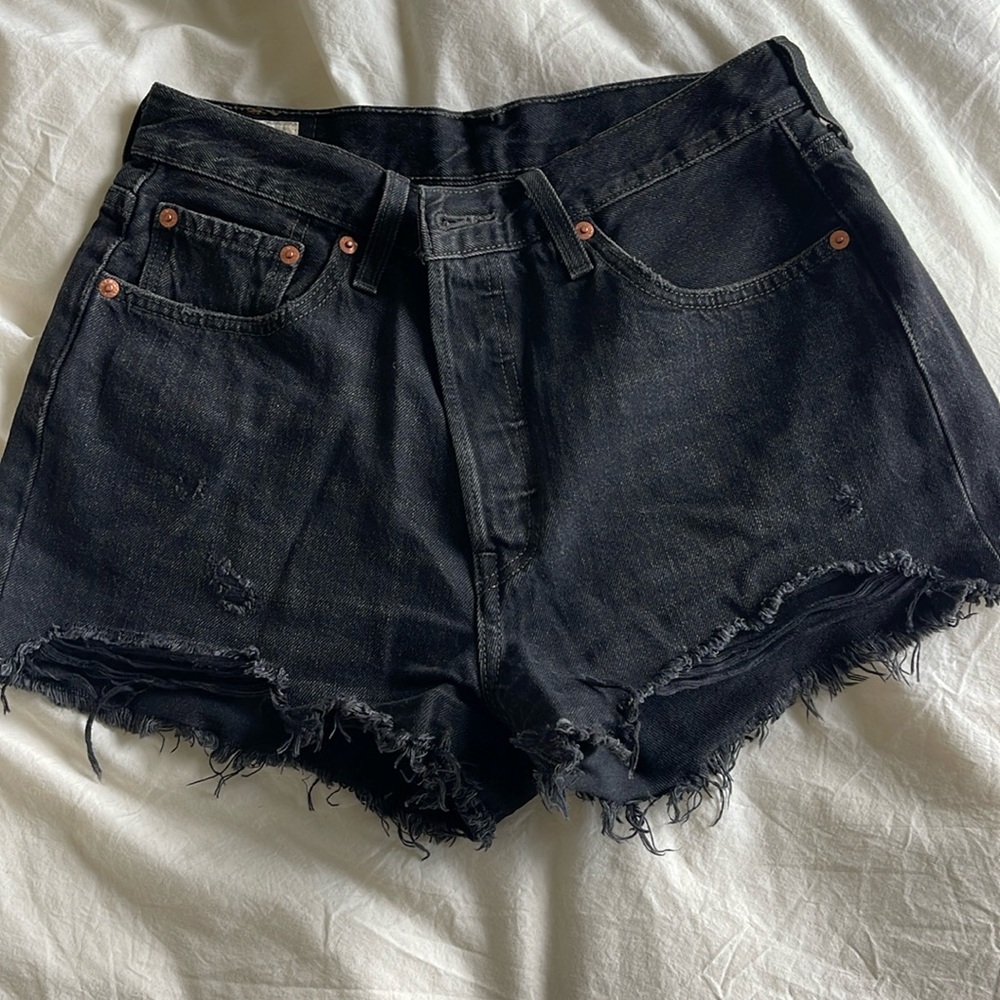 Levi 501 black distressed shorts